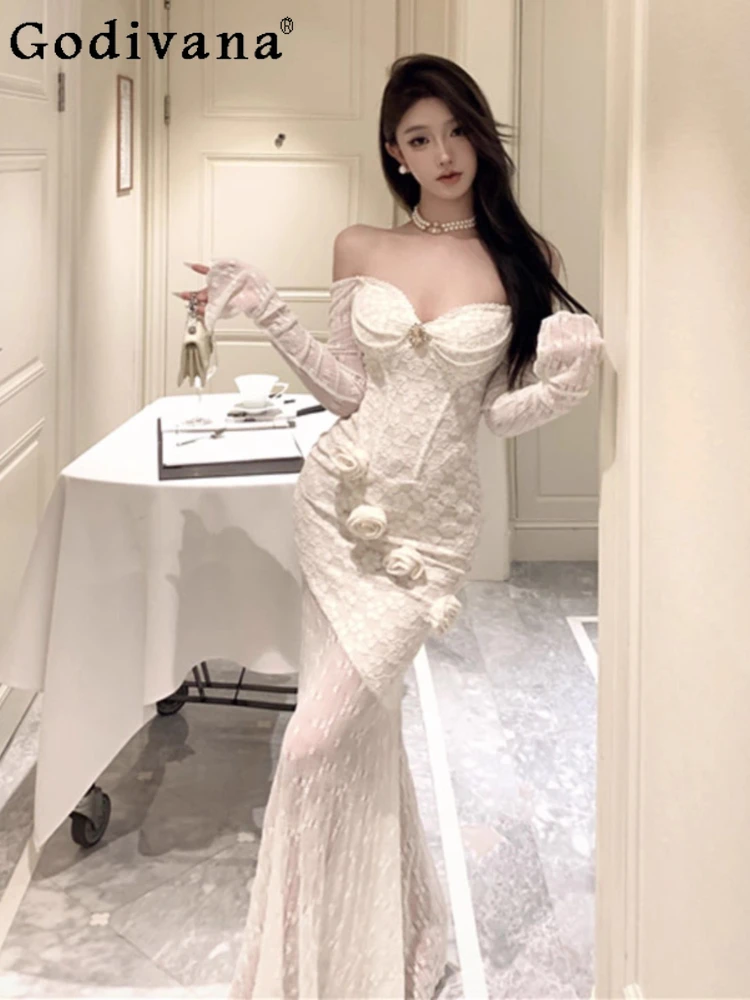 

New French Sexy Slash Neck Slim Elegant Lace Fishtail Dresses Spring Autumn Long Sleeve Fashion Age Reduction Party Long Dress