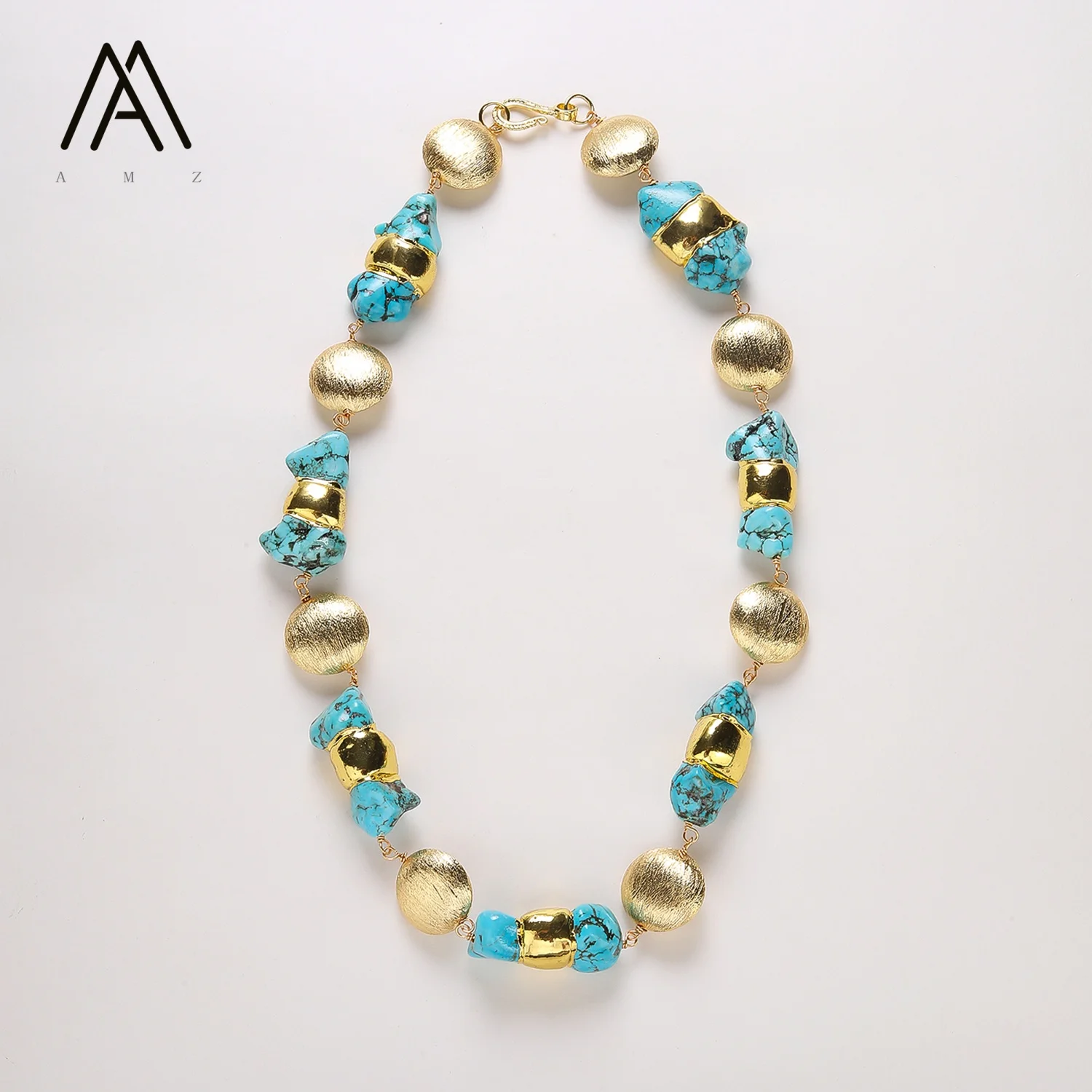 Natural Baroque Turquoise Necklace Rough Freefrom Shape Natural Stone Brushed Gold Plated Beads Necklace for Women Party