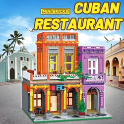 【MINI Bricks】Cuban Restaurant House Building Blocks Model Street View Modular Desktop Decoration Assembly Kids Toys For Gifts