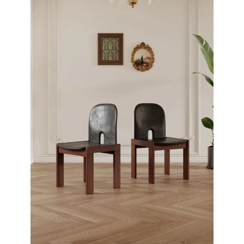 French Mid-Century Dining Chair, Solid Ash Wood Frame with Waxed Leather Seat, Designer Inspired Accent Chair for Dining Room
