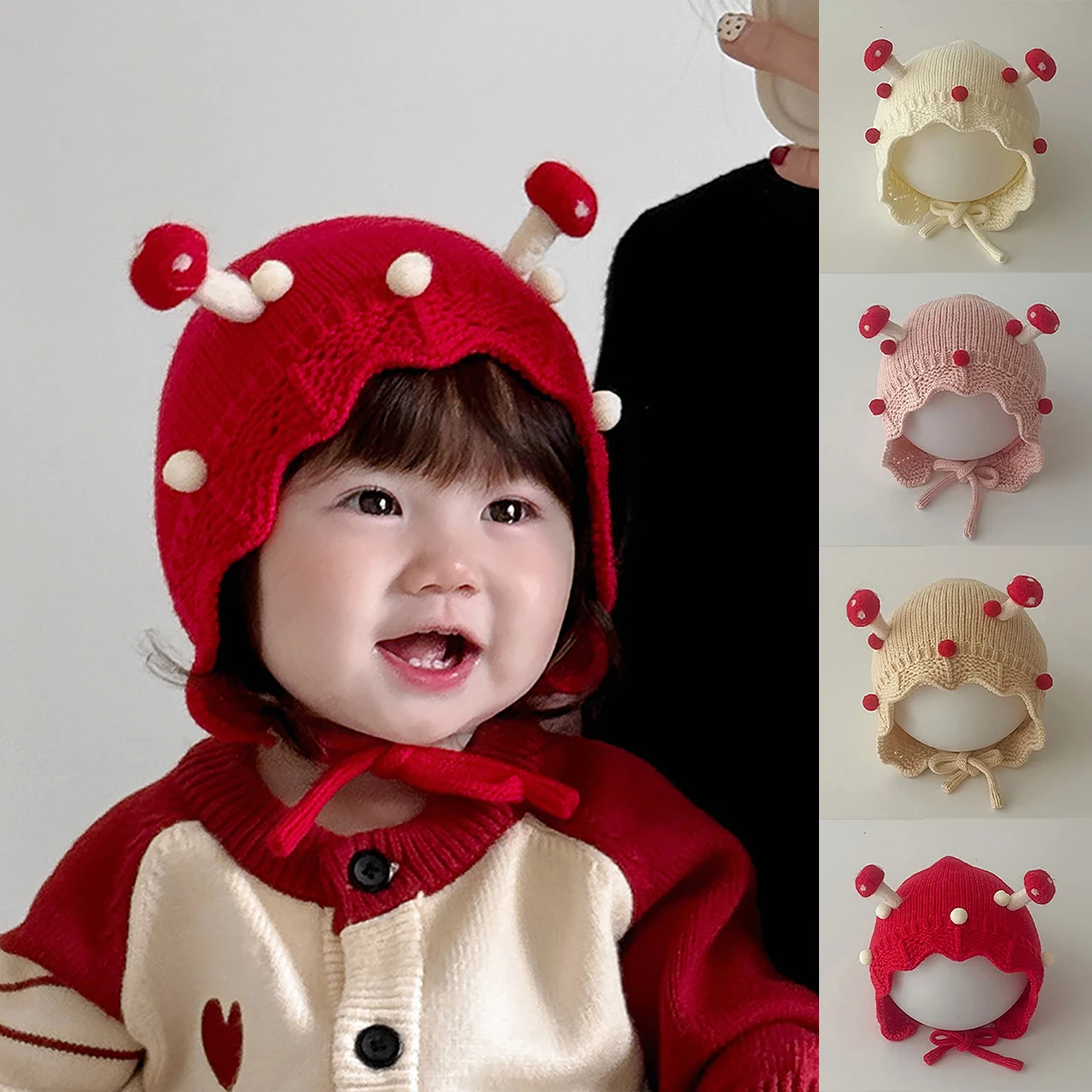 

Красная детская шапка с грибами для защиты ушей, зимние теплые наушники, шапка для девочек от 3 до 24 месяцев, детские шапочки с галстуком, однотонные шерстяные вязаные шапки