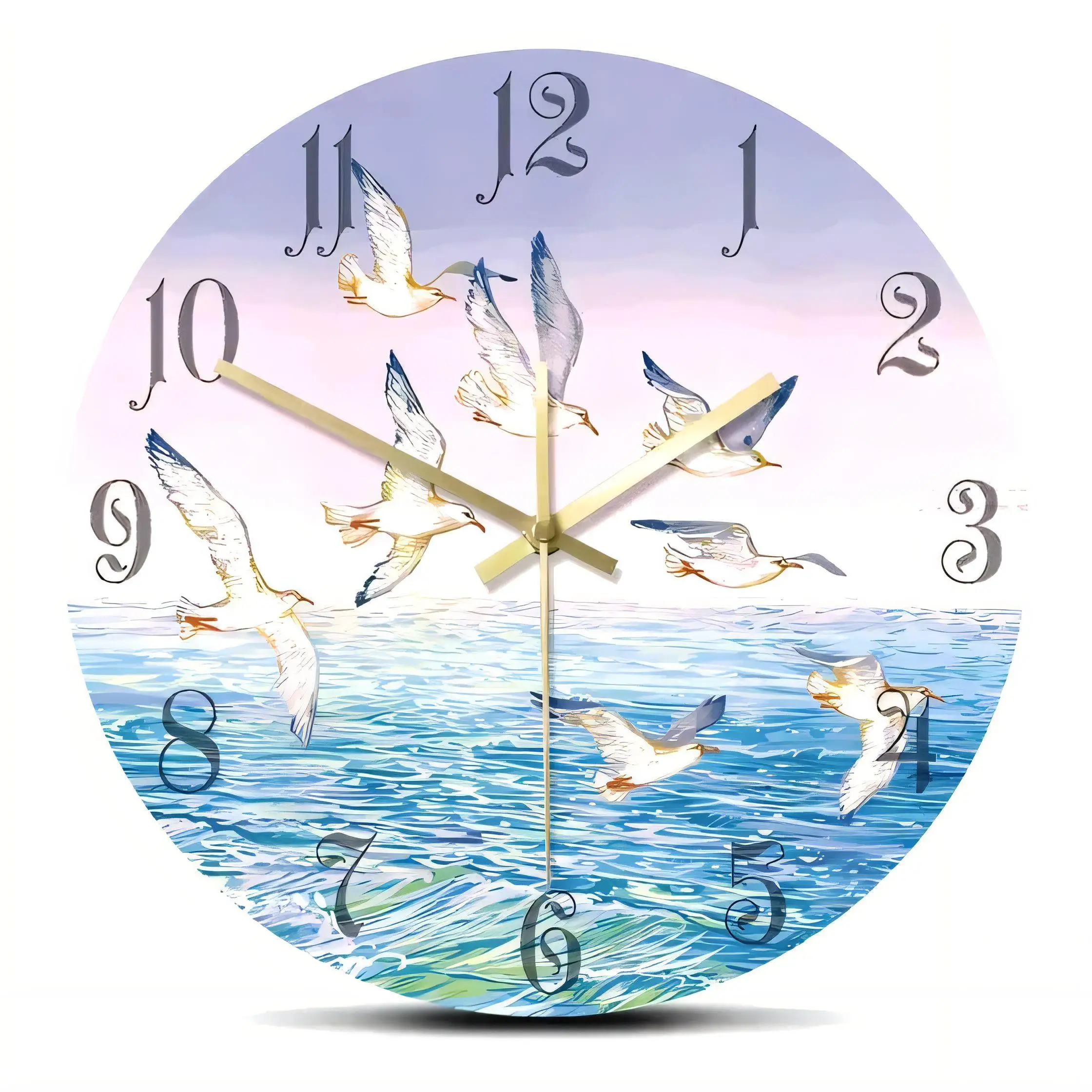 Round  Wall Clock Seagulls Ocean Pastel Sky Blue Waves Home Office Decor Silent Non Ticking Battery Operated 128 Bytes