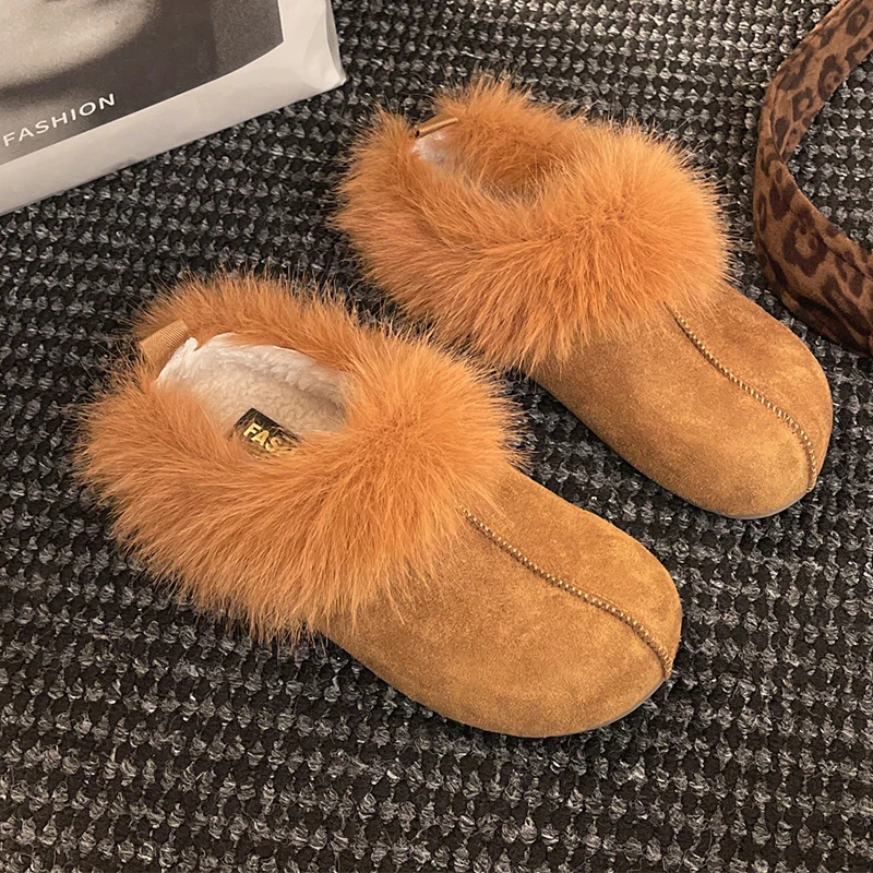 

Fur Women's Slippers Flats Warm Suede Mules Shoes Short Plysh Cozy Winter Boots 2025 New Designer Casual Botas De Mujer Zapatos