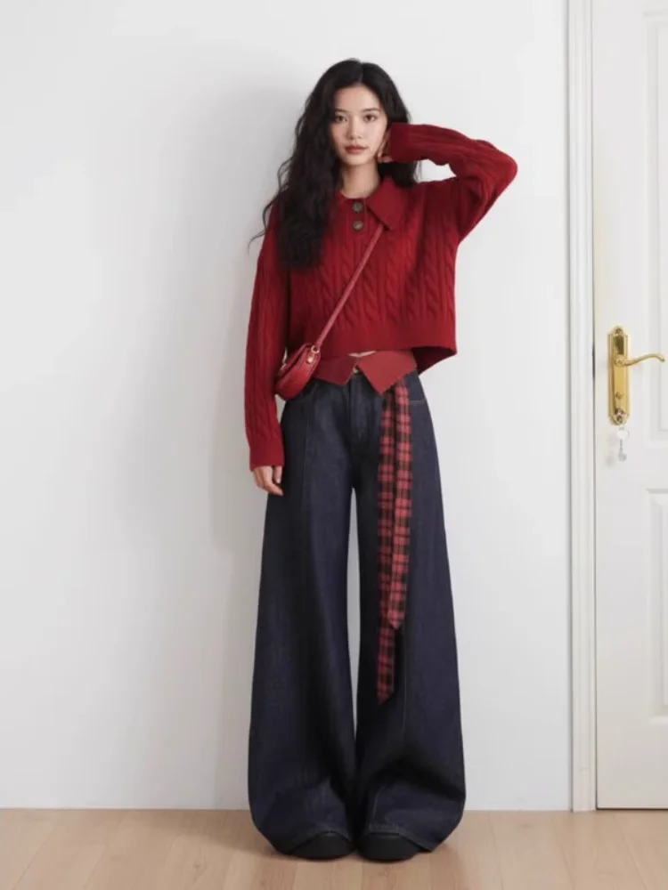 Jesienno-zimowy, casualowy, czerwony komplet z dzianiny Cisas i szerokimi jeansami, dwuczęściowy zestaw damski, modny styl koreański, długi sweter.