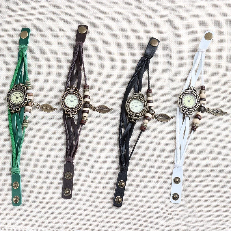 التجارة الخارجية العتيقة عالية الجودة المرأة جلد طبيعي خمر فستان كوارتز ساعة سوار ساعات المعصم مشاهدة النساء الفاخرة