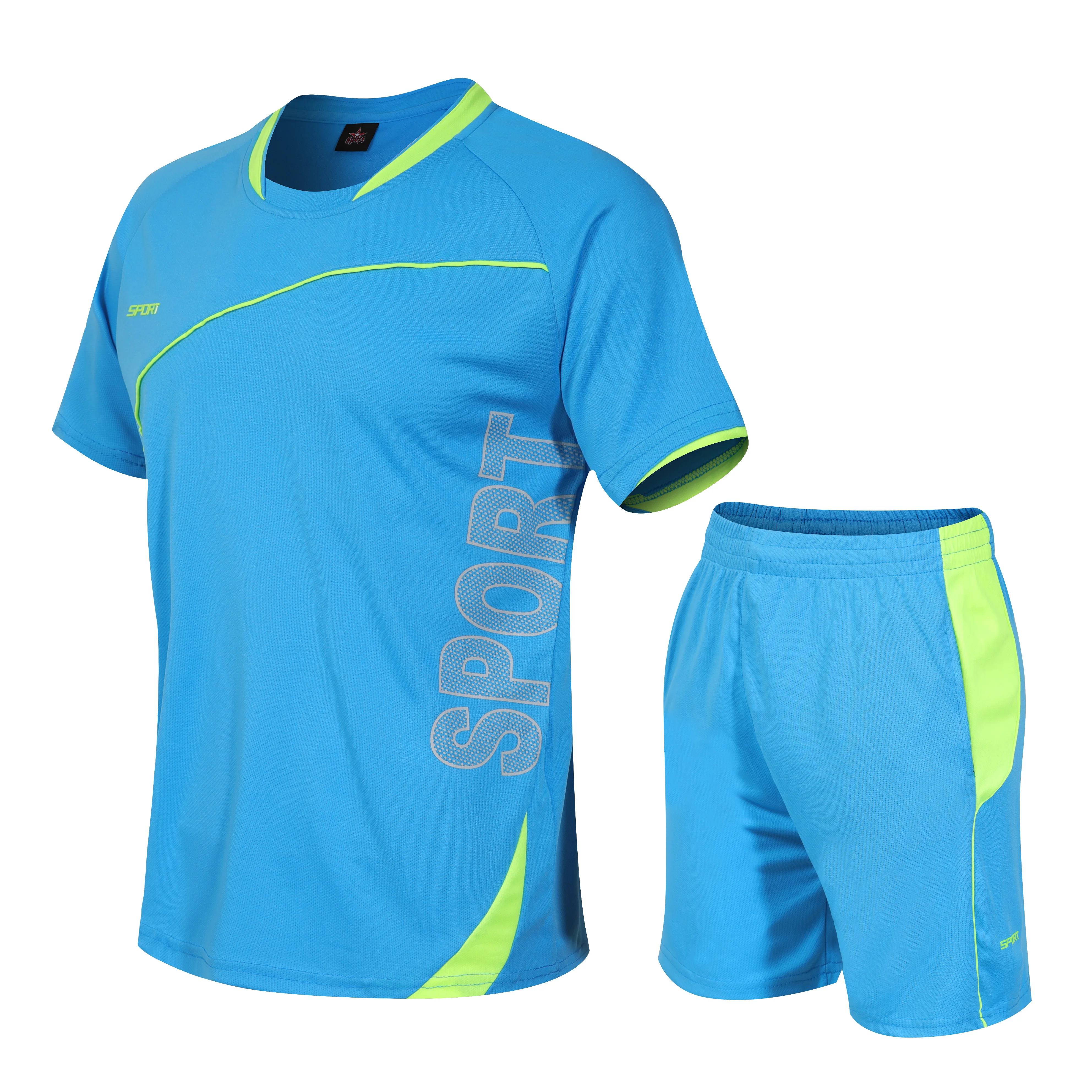 Men\'s summer quick drying sports suit V-neck short sleeved T-shirt shorts running suit color blocking breathable ice silk set