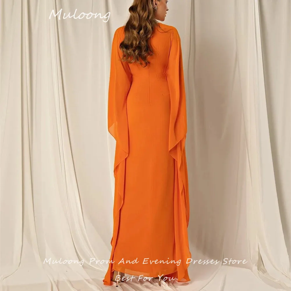 Muloong Orange Deep V Neck Women Evening Dresses Straight Ankle Length Prom Gown Cape Sleeves New 2023 Formal Occasion Dress