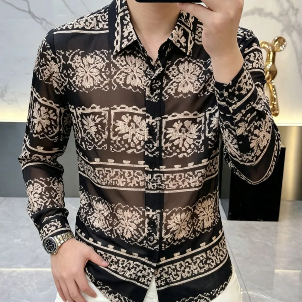 Autumn European-style Shirts Men Dress Camisa Social Masculina Streetwear Transparent Shirt See Through Mesh Shirt Club Party