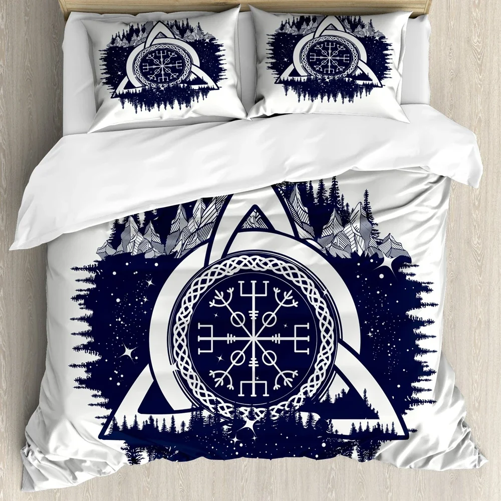 Viking Celtic Duvet Cover Set, Celtic Knot with Tridents Forest and Mountains Scandinavian Germanic Culture,Bedding Sets Decor