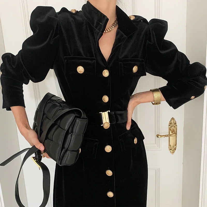 French Chic Velvet Dress Women Elegant Vintage Fall Stand-up Collar Single-breasted Dress Long Sleeves Straight Black Midi Dress