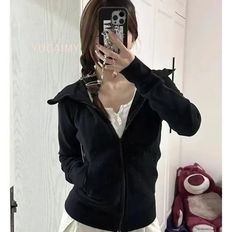 2025 New Autumn Winter Vintage Harajuku Hoodies for Women Korean Fashion Slim Casual Zip Up Hooded Sweatshirt Y2k Streetwear