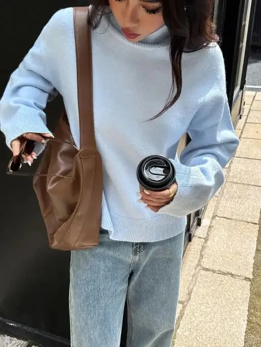

Women's Wear High Neck Woolen Long Sleeve Sweater Autumn/Winter Minimalist Style Y2K Girl Fashion Knitted Pullovers