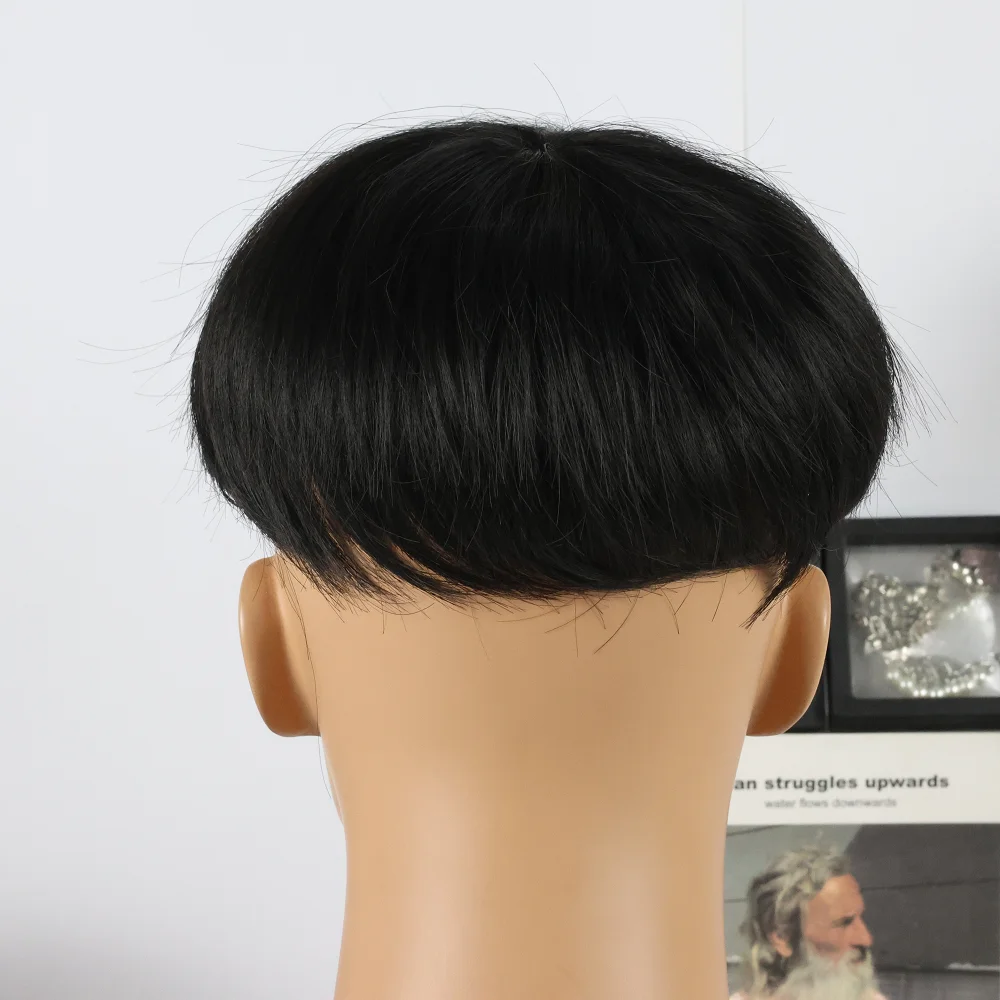Men\'s short top black synthetic wig, easy to clip in, stylish design for balding and thinning hair types
