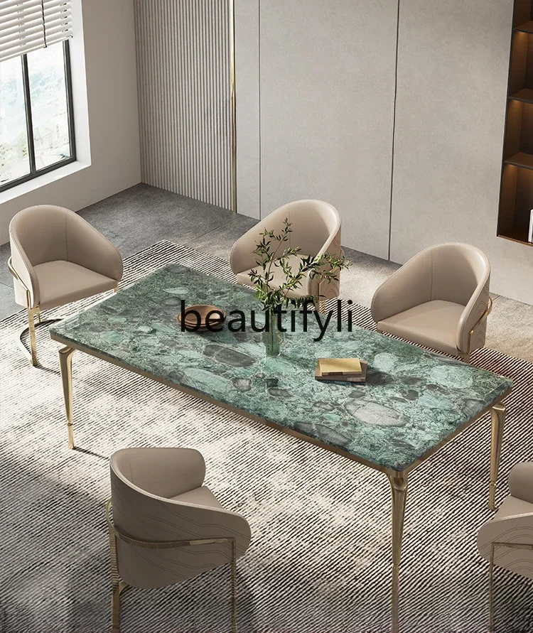 

Emerald luxury stone dining table modern simplicity high sense light luxury Italian natural marble rectangular dining table