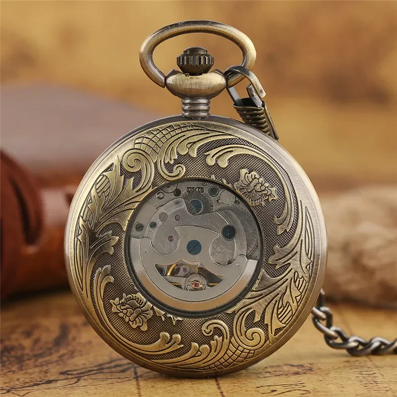 Steampunk Hollow Out Magpie Pocket Watch Unisex Skeleton Automatic Mechanical Watches Luminous Hands Fob Chain Pendant Clock