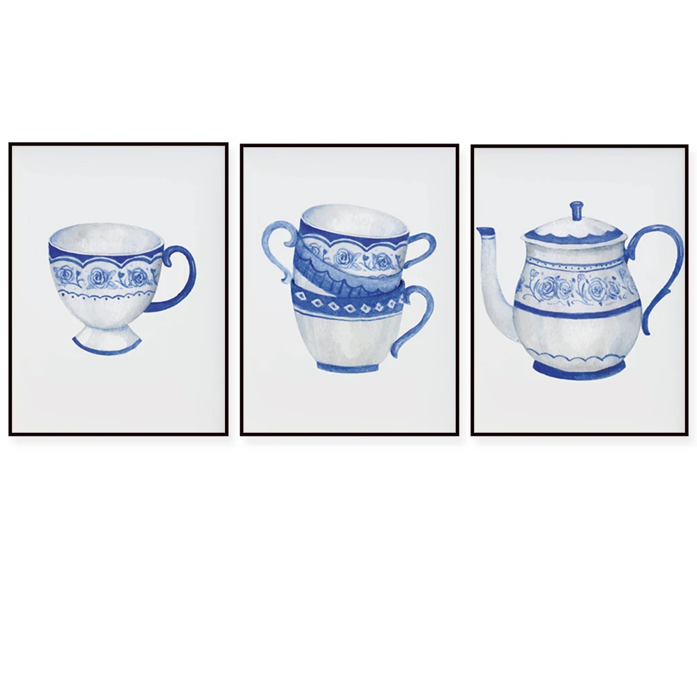 Chinese wind wall art prints, Chinese blue and white porcelain watercolor tea set art posters home decor