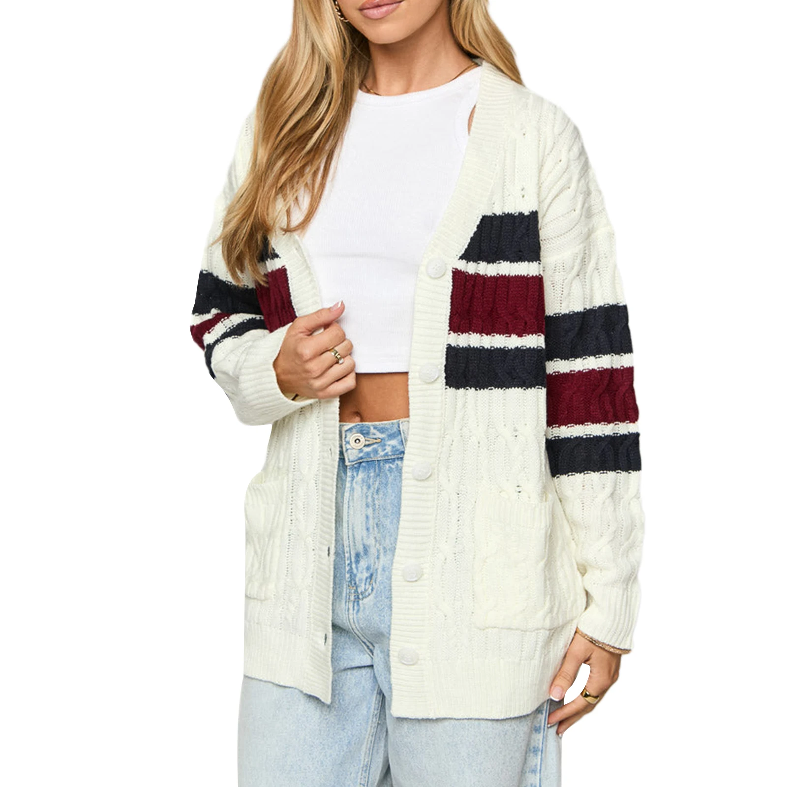 

Oversized Button Down Front Two Front Hand Pockets Loose fit Cardigan for Wome V Neck Long Sleeve Button Down Sweater