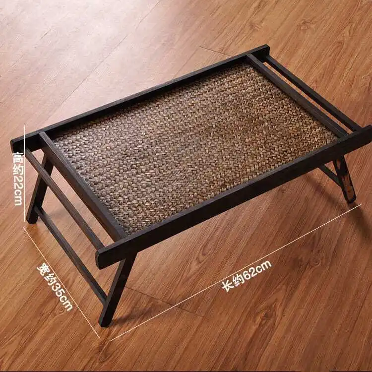Foldable Bamboo Rattan Woven Low Coffee Table, Black Wooden Frame Rectangle Small End Table, Portable Floor Tea Table For Living