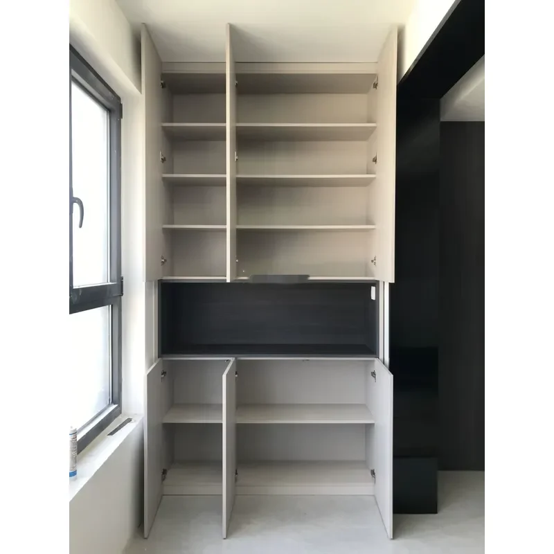 Modern Handleless Wardrobe with Open Shelf Floor-to-Ceiling Grey Closet for Balcony Cabinet Custom