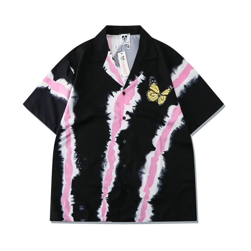 Mens Luxury Outfit Set Black Pink Striped Shirts and Shorts 2 Piece Butterfly Print Set Baroque Button Down Suit