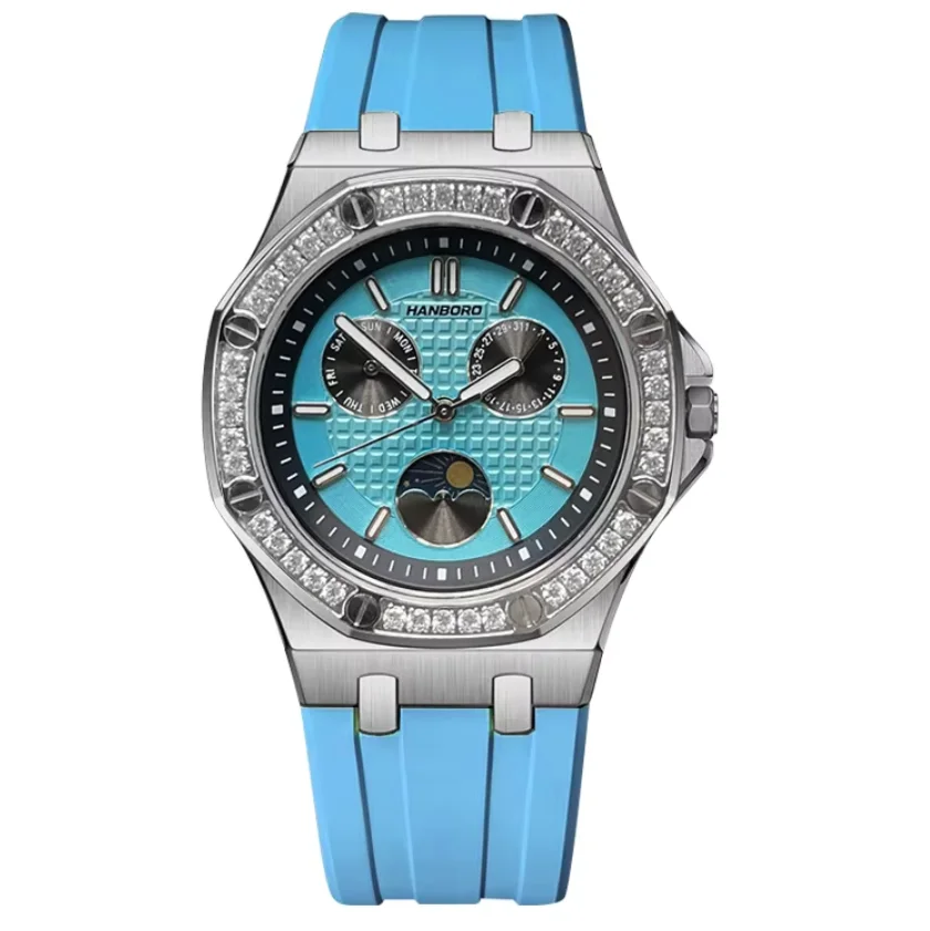 Hanbro Women Quartz Watch 37mm Ladies Wristwatch Luminous 50m Waterproof Sapphire Mirror Week Date Sun-Moon Rubber Strap