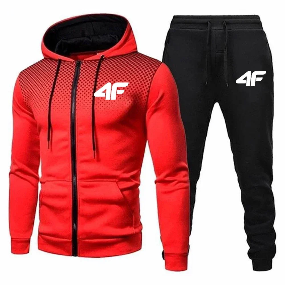 Outono inverno dos homens agasalho jogging sweatpants 2 peça conjunto esporte jaqueta com zíper + calças de corrida terno casual impressão roupas