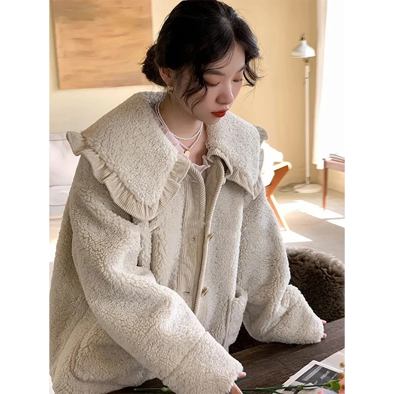 MEXZT Sweet Lamb Wool Coat Women Kawaii Peter Pan Collar Plush Jackets Korean Cute Thick Ruffled Patchwork Chic Outwear Tops New