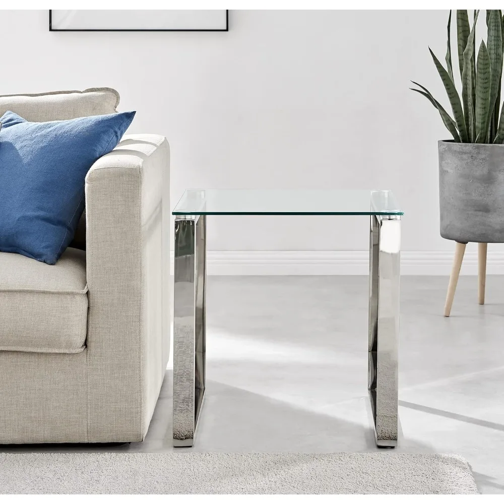 طاولة جانبية معدنية أنيقة من الزجاج الشفاف والزجاج الشفاف والفضية من Miami Square، طاولة جانبية، طاولة بجانب السرير - بسيطة فاخرة