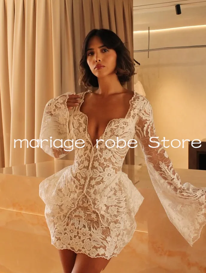 Lovely Short Lace Floral Wedding Dresses Fairy Sleeve V-neck Beach Outdoor Bridal Reception Gown robe de mariée customsized