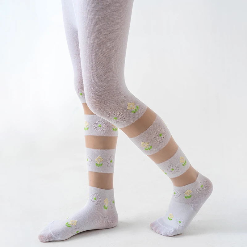 Cute Girls Summer Thin Cotton Spliced Glass Silk Footed Tights Soft Skin-Friendly Breathable Light Thin Splice Design Pantyhose