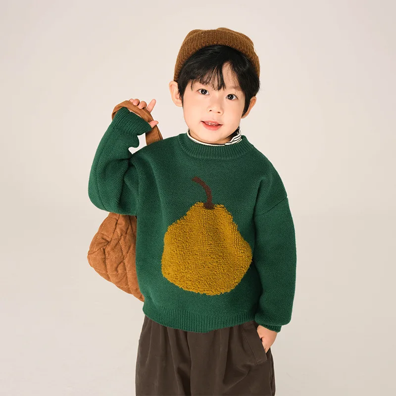 

2025 Winter New Children's Thick Fruit Pattern Color Contrasting Fashion Warm Sweater