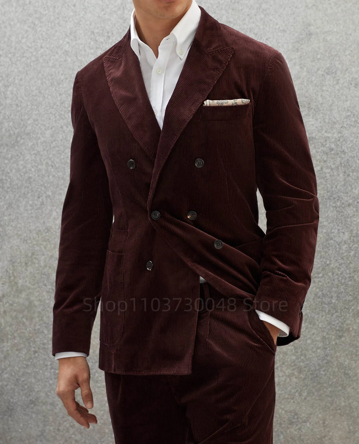 

Мужской костюм Slim Fit из 2 предметов: бордовый пиджак с отложным воротником и брюки из хлопка. Комплект для жениха на свадьбу.