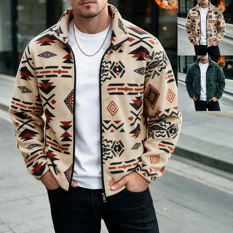 B&C Aztec Pattern Fleece Jacket Full Zip with Pockets Stand Collar Outerwear for Men Winter Daily