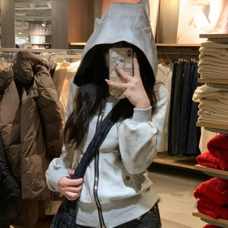 

2025 New Gray Hoodie Sweatshirts Spring Autumn Cardigan Coat Women Y2k Slim Fit Print Long Sleeve Zipper Tops Mujer Jackets