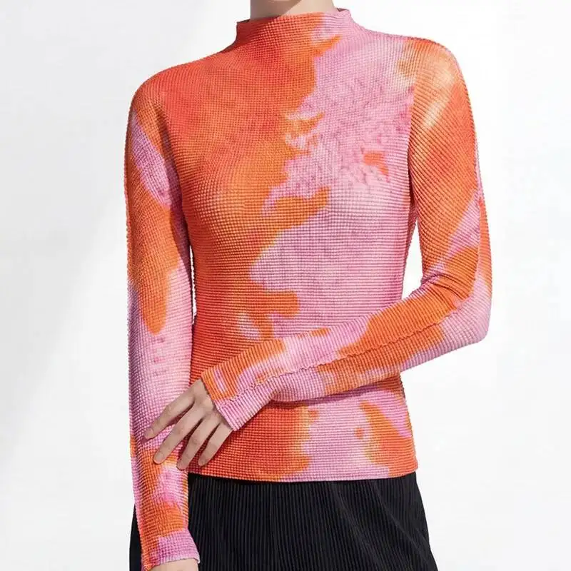 

Pink Tie Orange Dye Print Women's Pleated Top Stand Neck Long Sleeve Casual Slim Fit T-shirt 2026 Spring New 2H89V