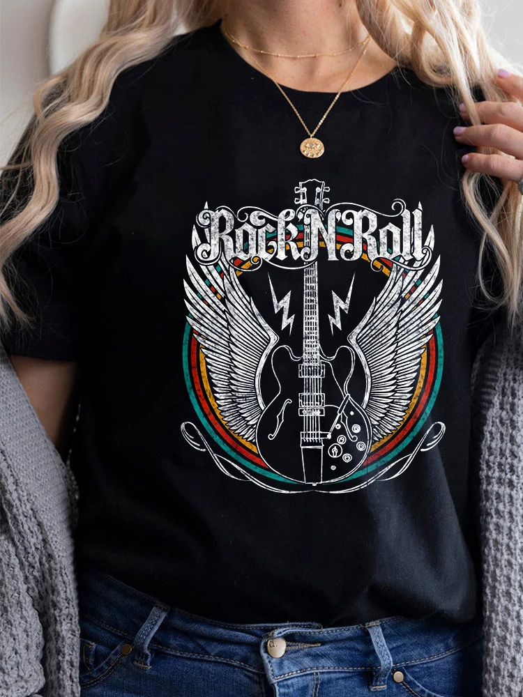 Vintage Retro Style Rock Roll Guitar Wings Music t-shirtsWith Personalized Patterns Round Neck Printing Womens T Shirts