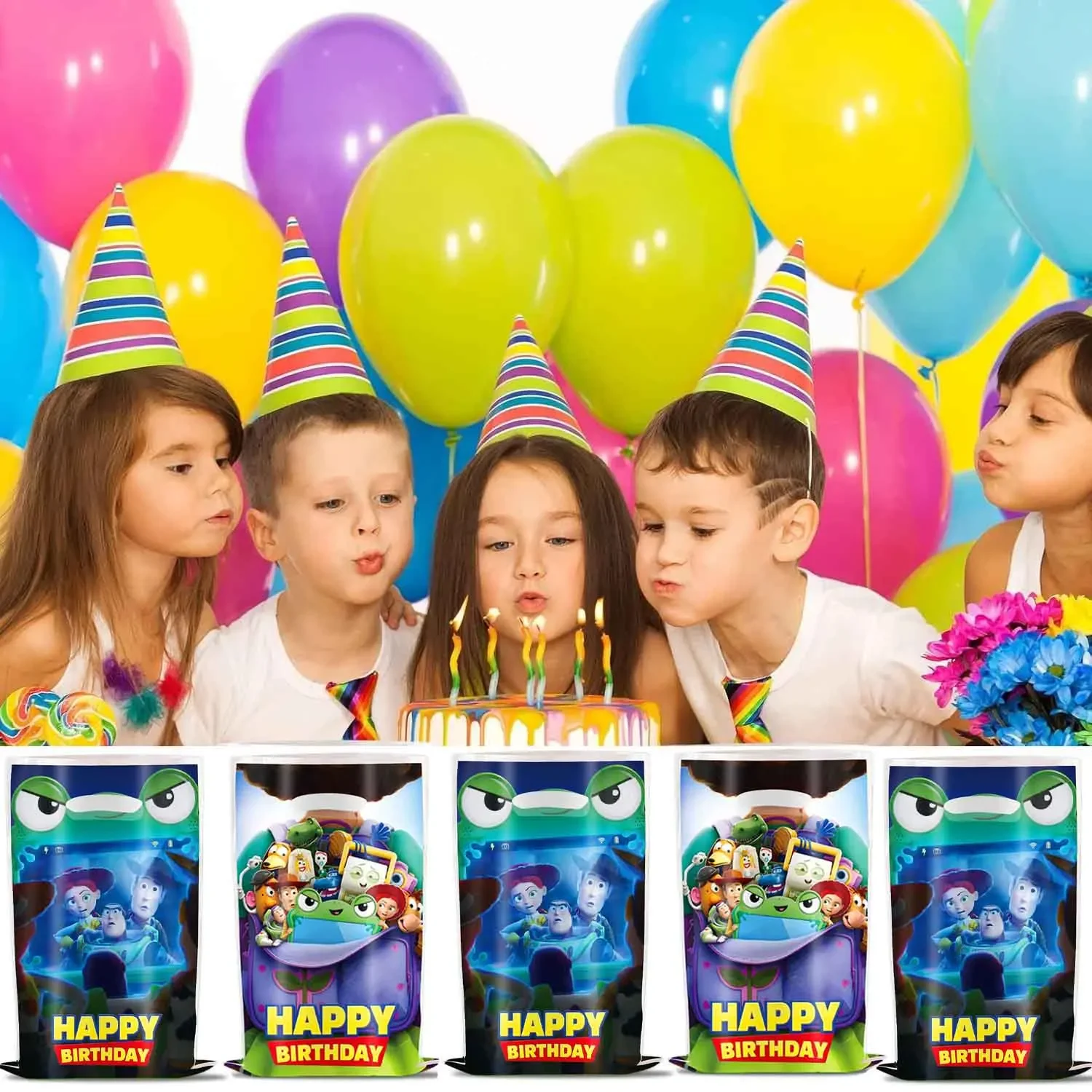 10–100 Stück Toy Story-Geschenktüten zum Geburtstag, Plastiktüten für Süßigkeiten und Schätze mit Griffen, geeignet für Partygeschenke und Werbegeschenke – Detail 3