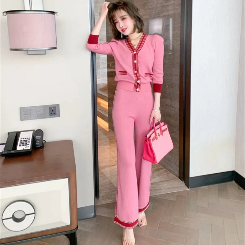 

Slim Short Bright Silk Cardigan Knit Tops 2 Piece Sets Pearl Button Sweater Suits High Waist Wide Leg Ankle-length Pants Outfit