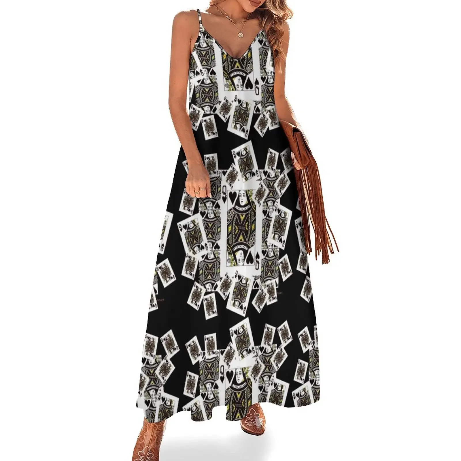 BLACK CASINO CARDS BLACK QUEEN OF HEARTS ABSTRACT Sleeveless Dress cute dress Dresses luxury woman party dress