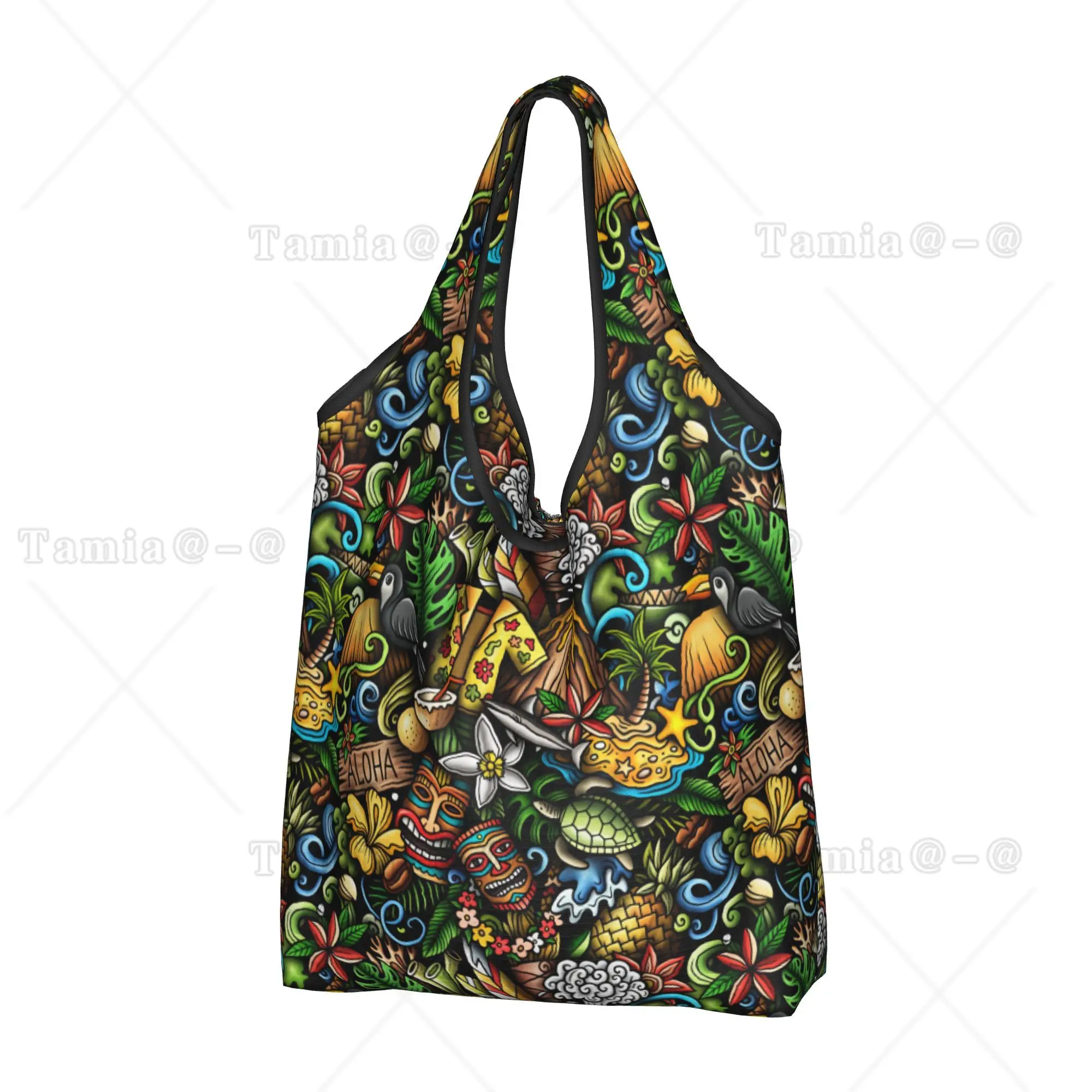 Tiki Mask Tropical Plants And Flowers Grocery Shopping Tote Bag Funny Hawaiian Style Palm Monstera Shopper Shoulder Bag Handbags