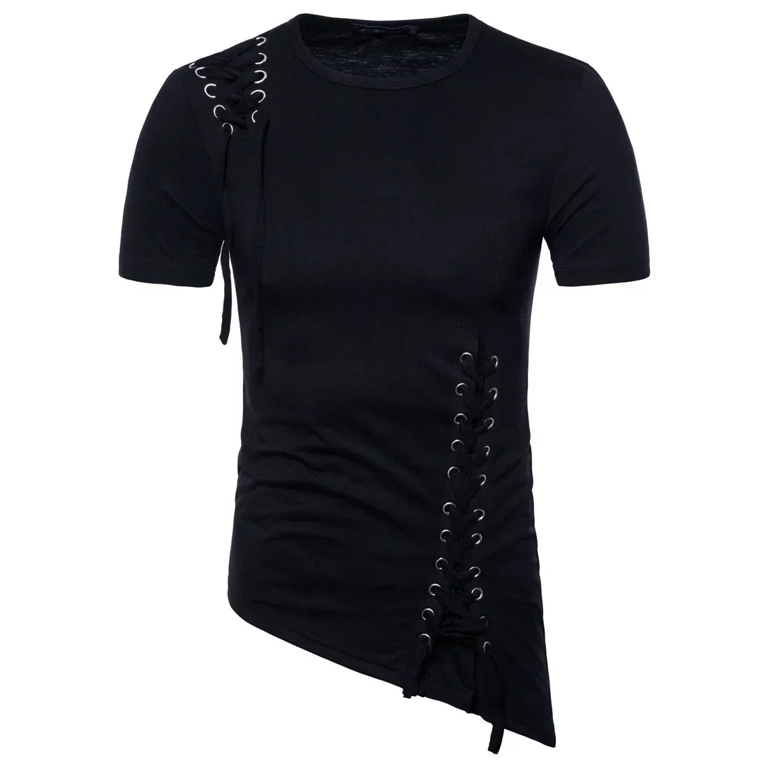 New Men's Summer Short Sleeve T-shirts Trend Irregular Design Lace Up Solid Slim Tees Fashion Gothic Style Casual Shirts Men