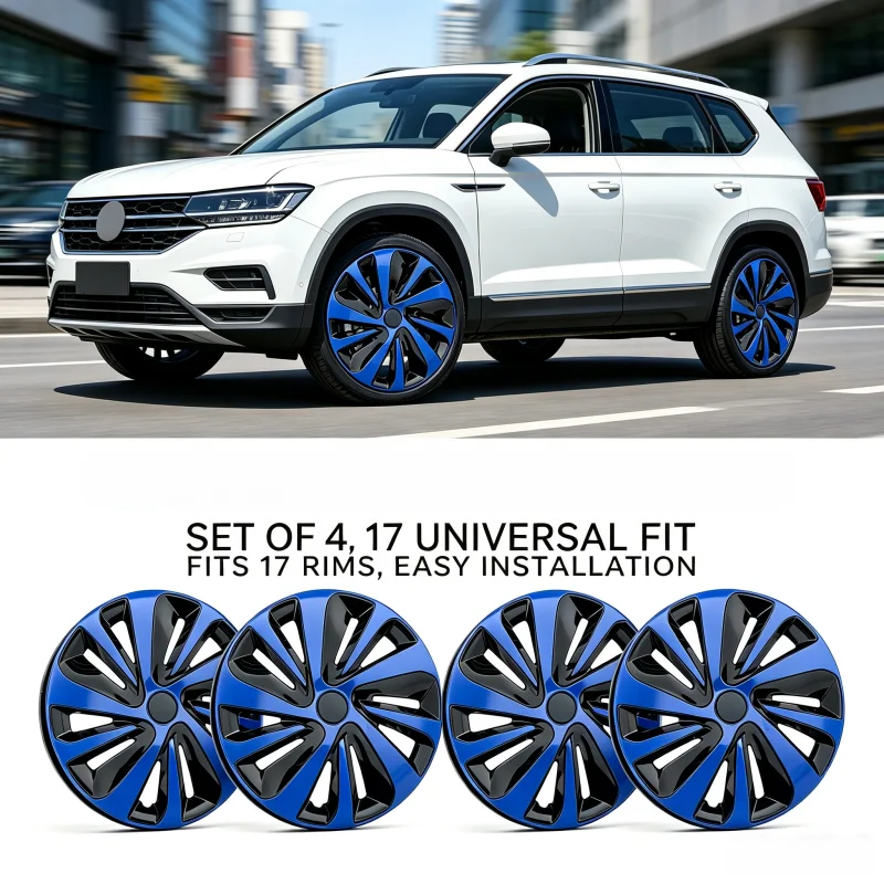 

4Pcs 17 Replacement Wheel Hub Caps, 17BB Design Silver White Blue Hub Covers for Car Auto Exterior Upgrade, Durable ABS Rim Trim