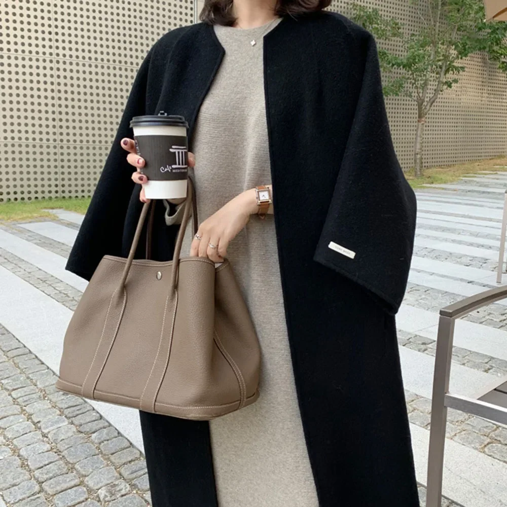 Damen-Cardigan aus Mischgewebe, Rundhals, Langer Mantel, Lässiger Gerader Wollmantel, Locker Geschnitten, Volle Ärmel, Einfarbig, Spleiß-Design, Oberbekleidung, Regular 2025 – Detail 9