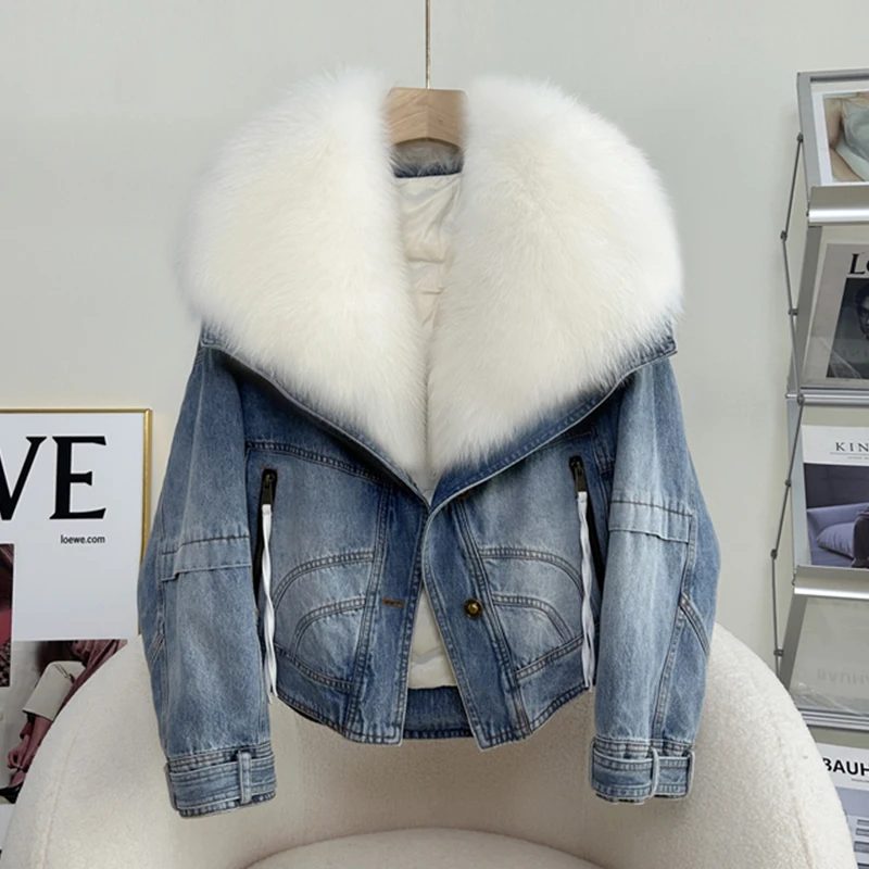 2023 Winter Women\'s Denim White Goose Down Coats With Natural Real Fox Fur Collar Outwear Luxury Female Jacket