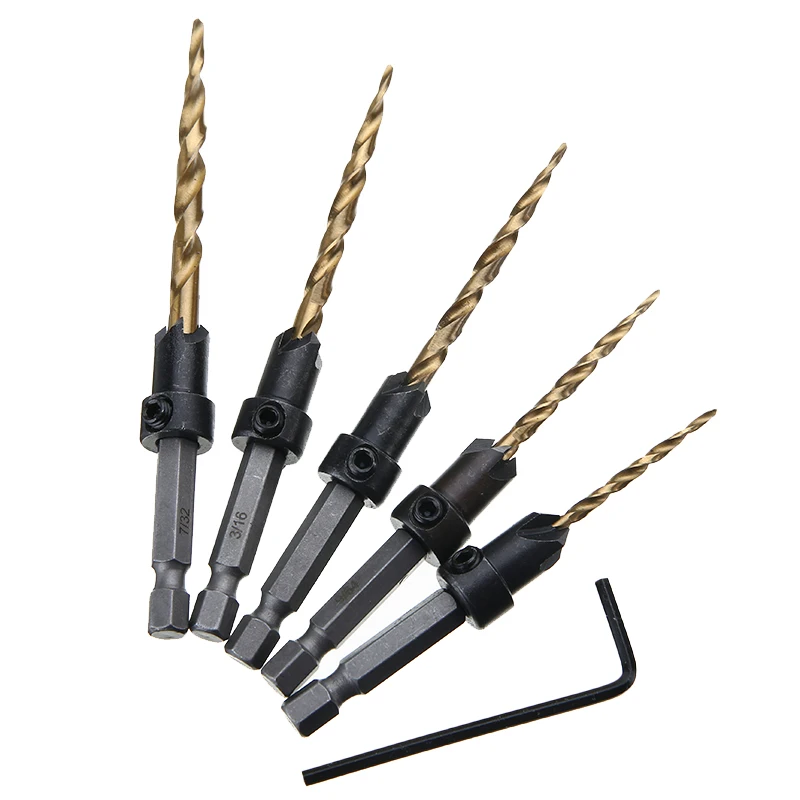 5pcs High-carbon Steel Edger Sink Drill Bit Set HSS Hex Shank Tapered Drill 1/4 Hex Shank Countersink Woodworking Milling Hole