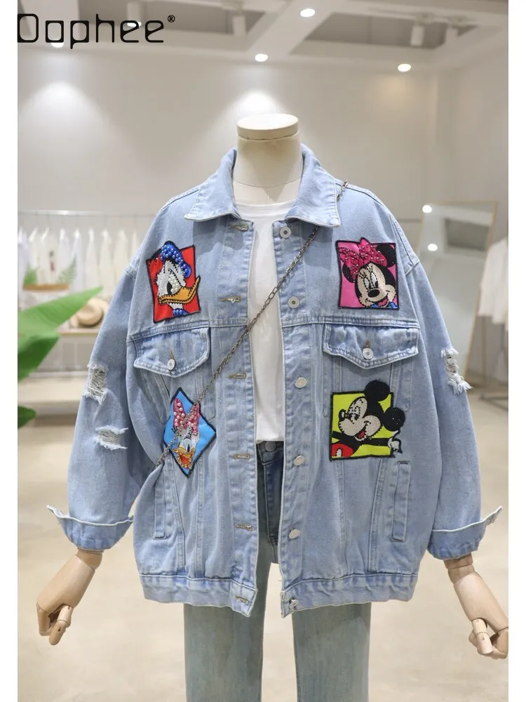 Sewing Beads Cartoon Embroidery Long Sleeve Coat Female 2024 Spring Autumn Loose All-Match Washed Broken Denim Jacket Women