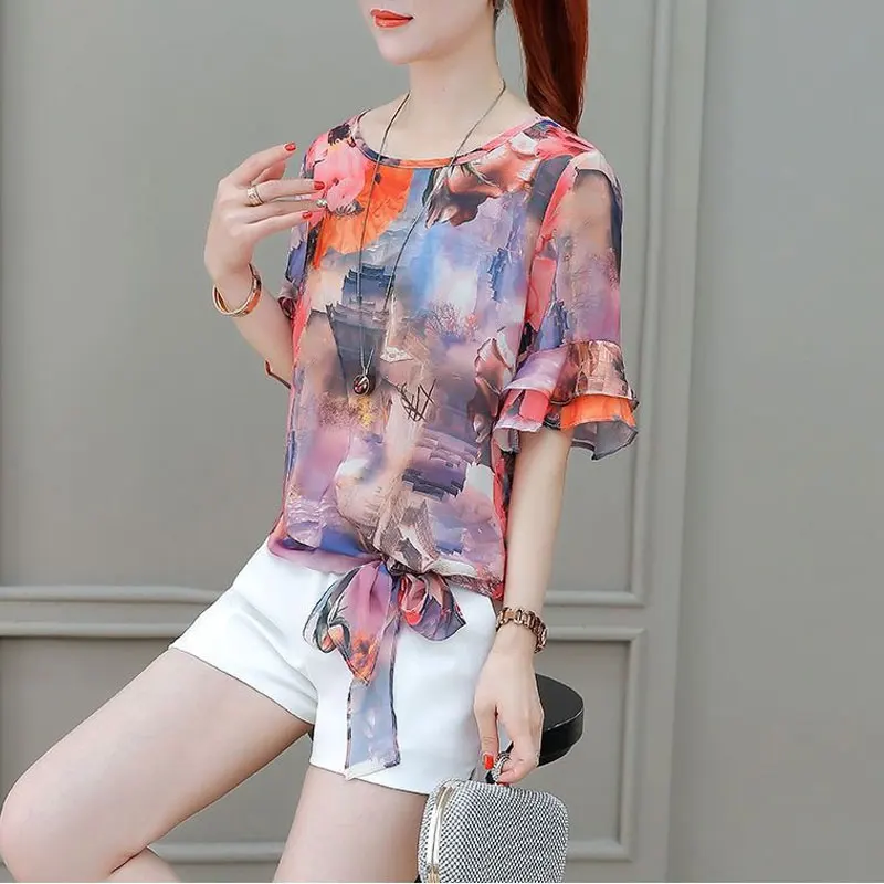 Office Lady Elegant Ruffles Patchwork Blouse Fashion Floral Printed Summer Loose Female Short Sleeve Casual Drawstring Bow Shirt