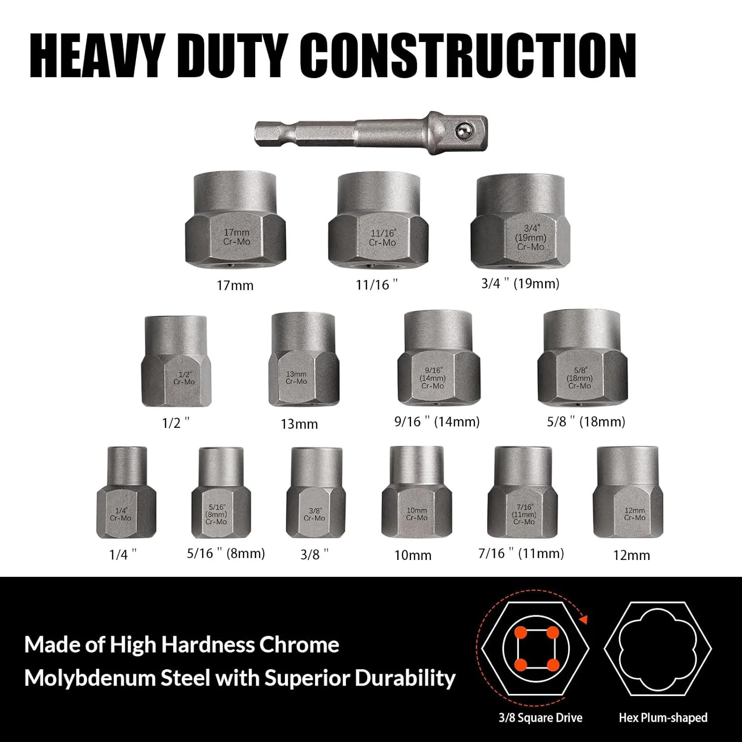 14 Pcs Bolt Extractor Kit, Impact Bolt & Nut Remover Set with 3/8 Inch Adapter, Stripped Bolt Extractor Socket Set