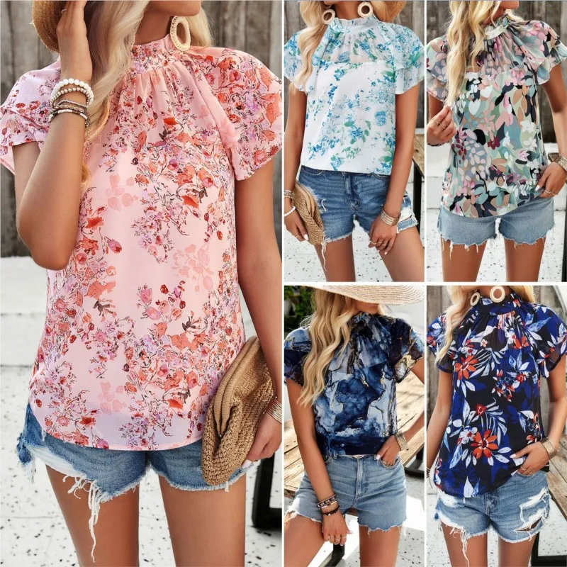 Summer T-shirts 2024 New Women's Clothing Casual Printed Petal Sleeve Elegant Top Temperament Commuting Female Fashion Pullovers