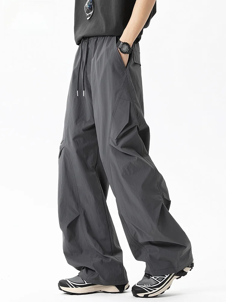 

Qui Dry Ice Silk, прямые широкие брюки, повседневные длинные брюки, мужские летние тонкие рабочие брюки, легкие, удобные, свободного покроя